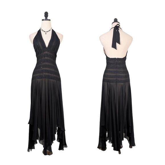 BCBGmaxazria Midi Dress Whimsigoth Gown Y2K Silk Lace Sheer Witchy Black Tan 6 - Picture 1 of 11